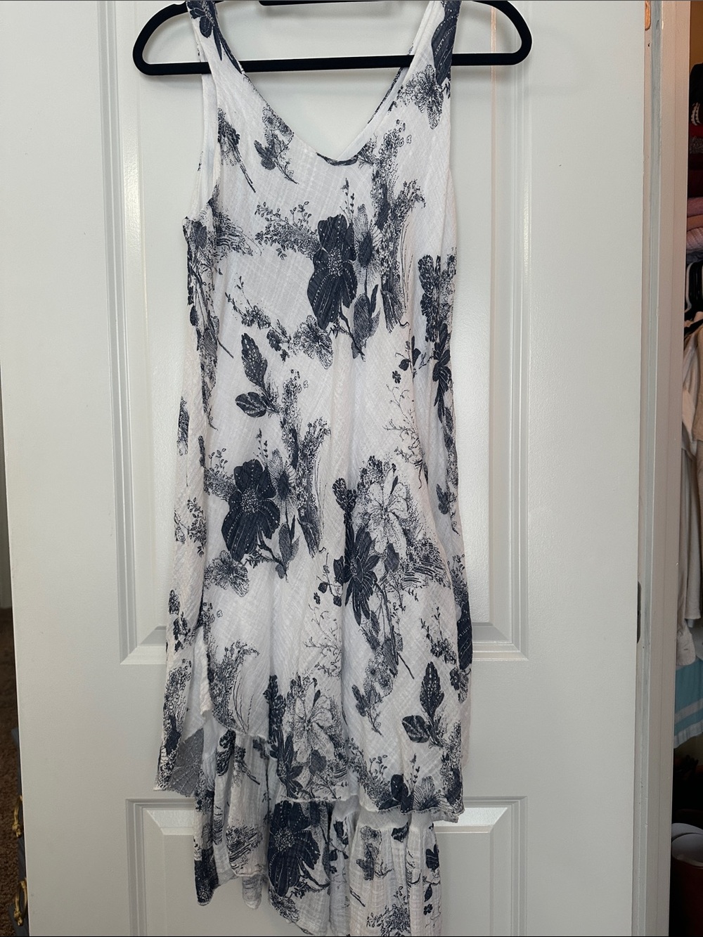 White and Navy Floral Sleeveless Summer Dress